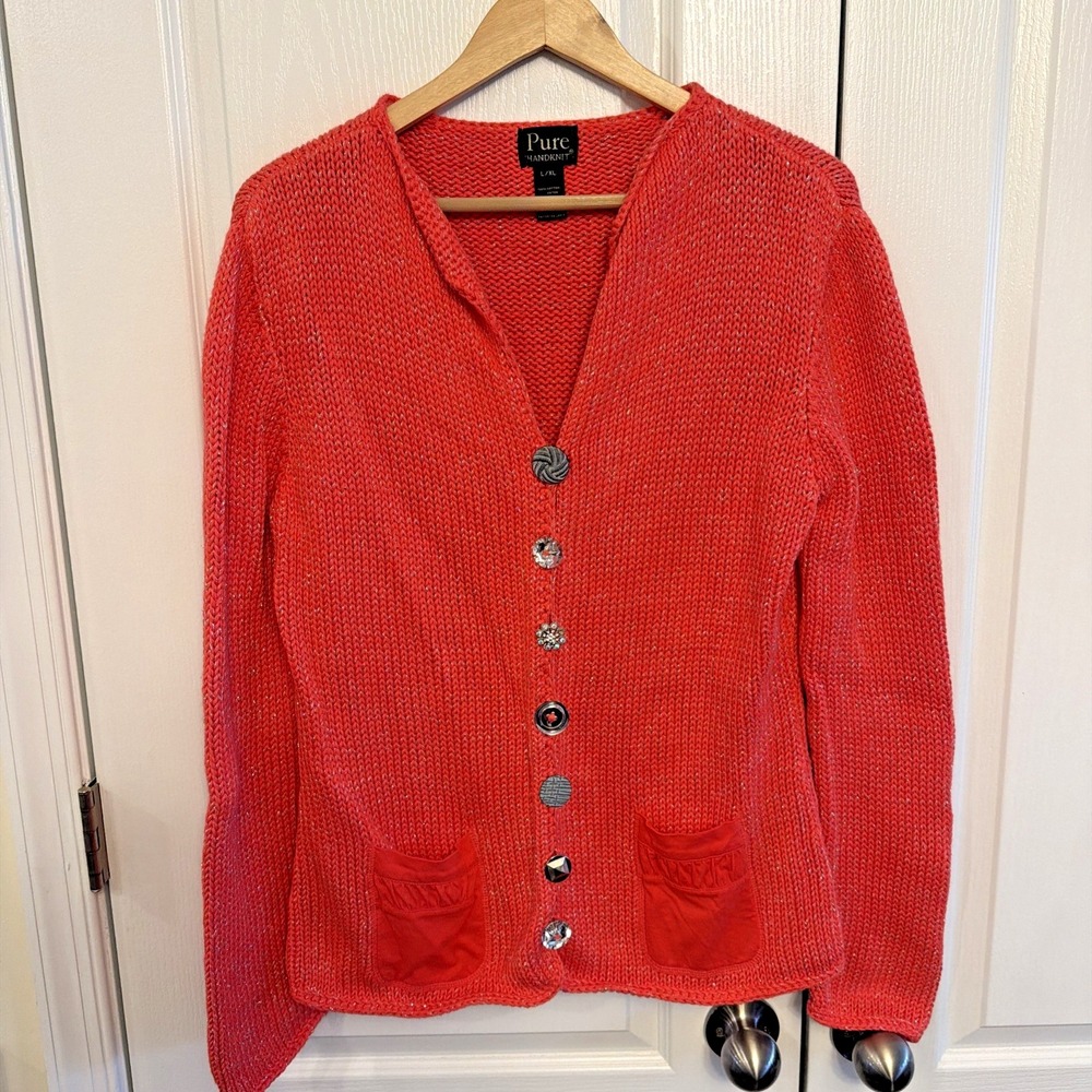 Pure Handknit Women's 100% Cotton Cardigan Sweater Coral/Orange Size L/XL